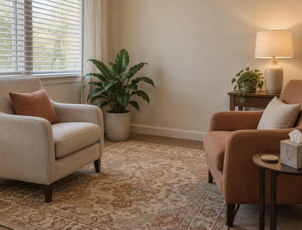 Two upholstered armchairs facing each other in a warm, quiet counseling office