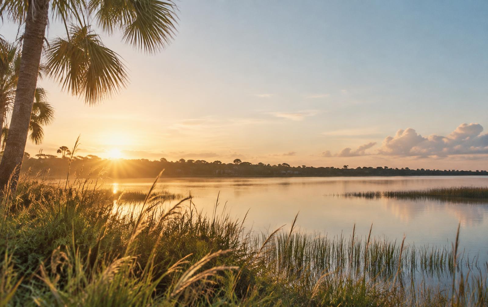 Warm early-morning sunlight over a calm Central Florida lake framed by palms and tall grasses